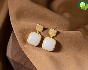 Natural Hetian jade geometric square earring pendant light luxury temperament brand jewelry