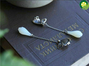 Natural Hetian White Magnolia Flower Butterfly Tassel Chinese Style Retro Charm Silver Earrings