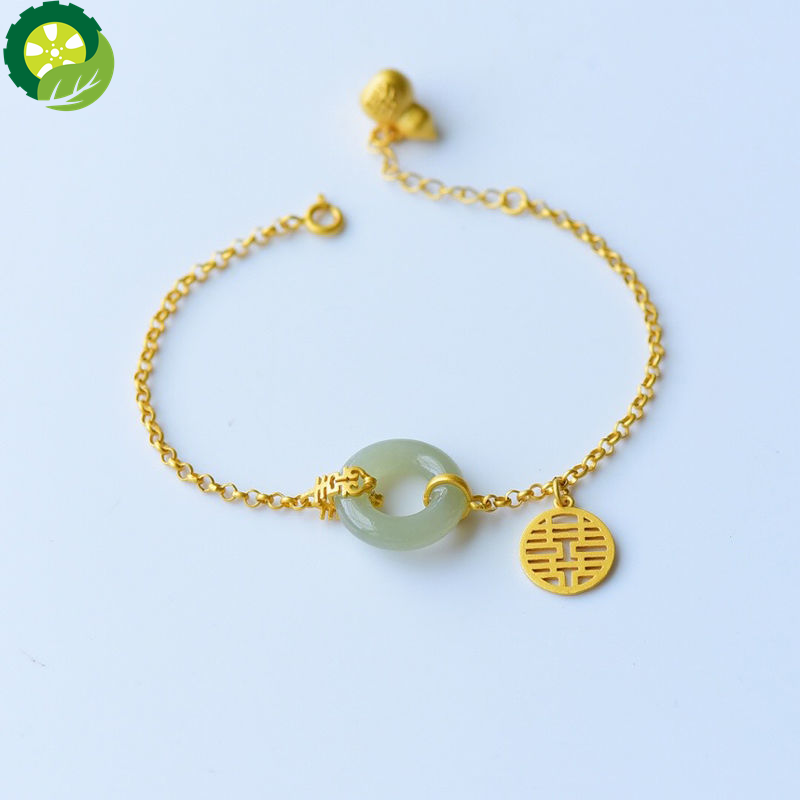 S925 Sterling Silver Natural Hetian jade gourd Chinese style retro gold craft Bracelet