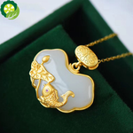 Natural Hetian jade carp lotus Chinese style retro temperament pendant necklace
