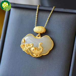 Natural Hetian jade carp lotus Chinese style retro temperament pendant necklace