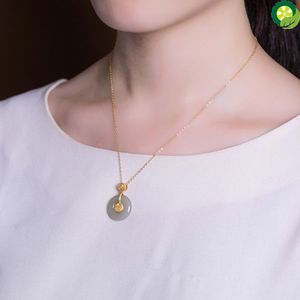 Natural Hetian jade Round Pendant Necklace Chinese Retro palace style ancient gold craft charm silver jewelry