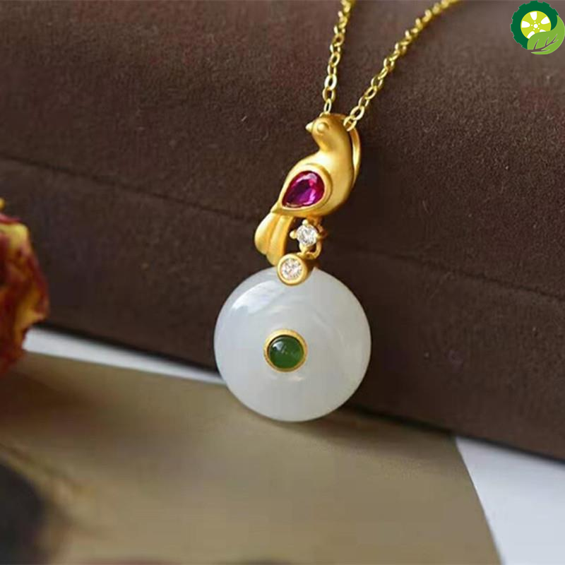 Natural Hetian jade Round Pendant Necklace Chinese Retro palace style ancient gold craft charm silver jewelry