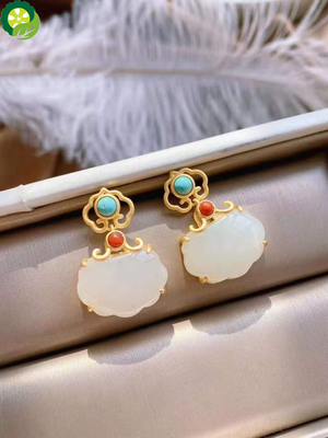 Natural Hetian jade jewelry set Chinese retro classic palace style unique ancient gold craft charm jewellry