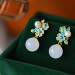 Chinese Style Classical Super Immortal Palace National Flower Natural Hetian Jade pearl Earrings