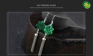 Chinese Knot Natural Jasper Earrings 100% 925 Sterling Silver Drop Earrings For Women Jewelry Ethnic Fine Long Tassel Earring