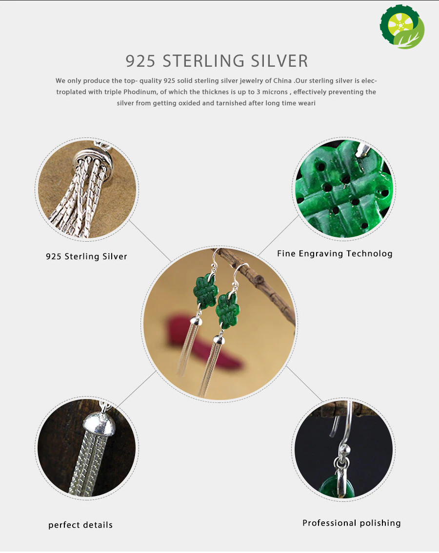 Chinese Knot Natural Jasper Earrings 100% 925 Sterling Silver Drop Earrings For Women Jewelry Ethnic Fine Long Tassel Earring