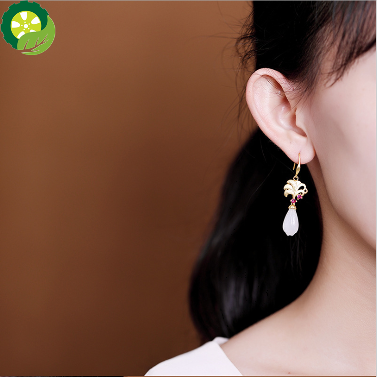 silver inlaid natural Hetian jade earrings Chinese style retro magnolia charm women's jewelry