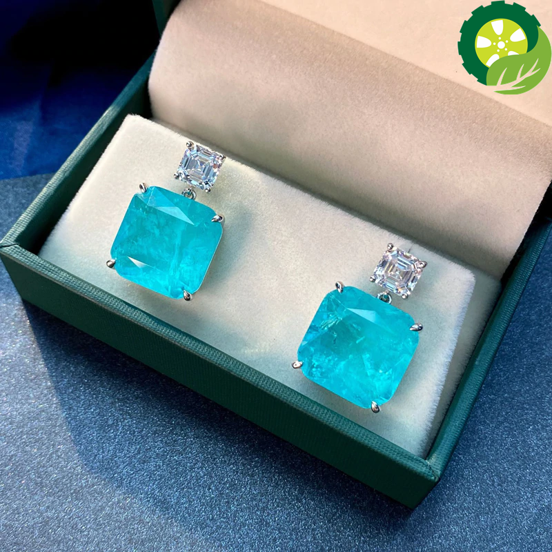 Solid 925 Sterling Silver Fashion Paraiba Tourmaline Gemstone Drop Earrings with Sparkling High Carbon Diamond