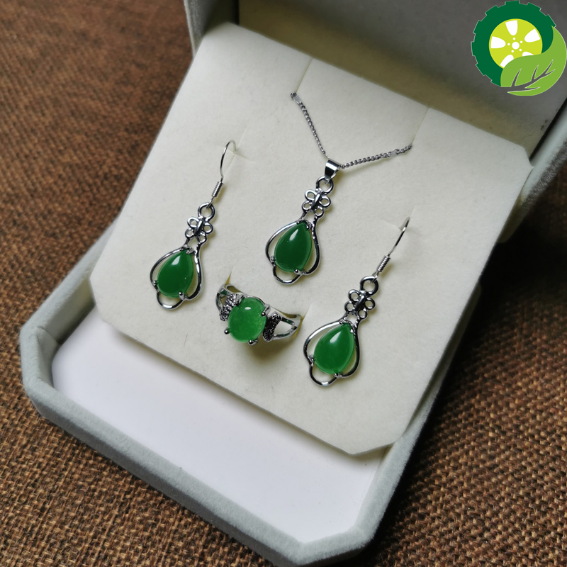 Ethnic Vintage 100% Real 925 Sterling Silver Jewelry Sets For Women Natural Green Jade Gemstone Rings/Earrings/Necklaces Jewelry