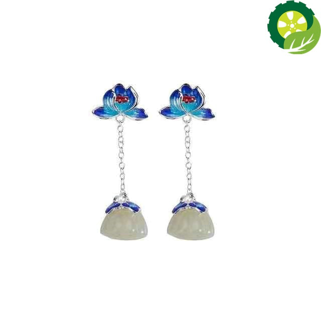 Natural Hetian white jade lotus long small Tassel Earrings Chinese retro national style elegant luxury jewellery