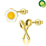 925 Sterling Silver Fashion Asymmetric Knife Fork Poached Egg Stud Earrings