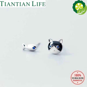 925 Solid Sterling Silver Women Fashion Cute Tiny Asymmetric Cat Fish Stud Earrings