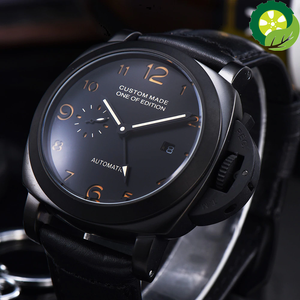 44mm GMT Watch Men Automatic Mechanical Power Reserve Stainless Steel Luminous Waterproof Leather Strap Date Watch