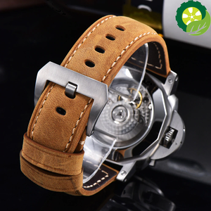 44mm GMT Watch Men Automatic Mechanical Power Reserve Stainless Steel Luminous Waterproof Leather Strap Date Watch
