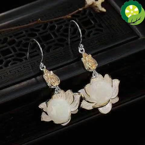 Natural Hetian jade lotus temperament luxury noble earrings