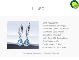 Natural Sky Blue Topaz Earrings Genuine 925 Sterling Silver Fine Jewelry 7x10mm Drop Earring For Women