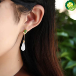 Silver inlaid natural Hetian White Magnolia long earrings Chinese style retro elegant charm light luxury jewelry