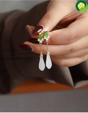 Silver inlaid natural Hetian White Magnolia long earrings Chinese style retro elegant charm light luxury jewelry