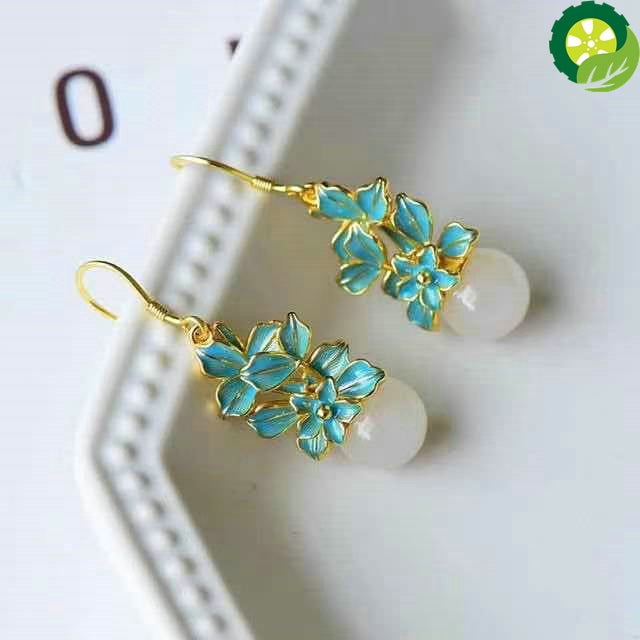 natural Hetian white Chalcedony plant flower earrings Chinese style retro enamel porcelain drop glue craft