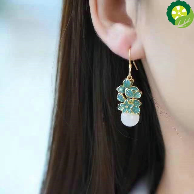 natural Hetian white Chalcedony plant flower earrings Chinese style retro enamel porcelain drop glue craft