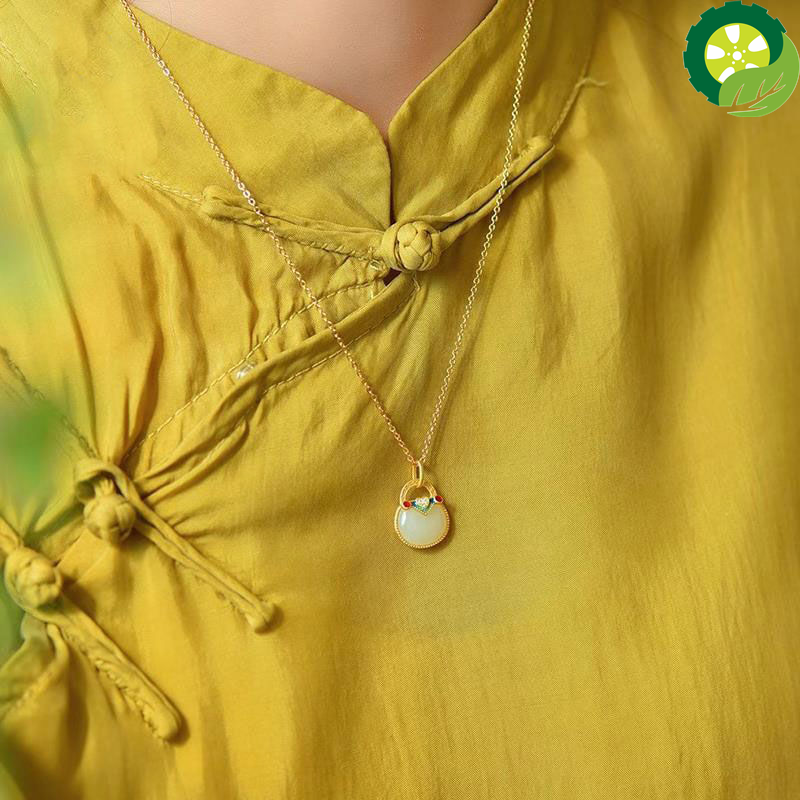 Natural Hetian White jade Enamel Chinese Retro Palace Style Ancient Gold Craft Pendant Necklace