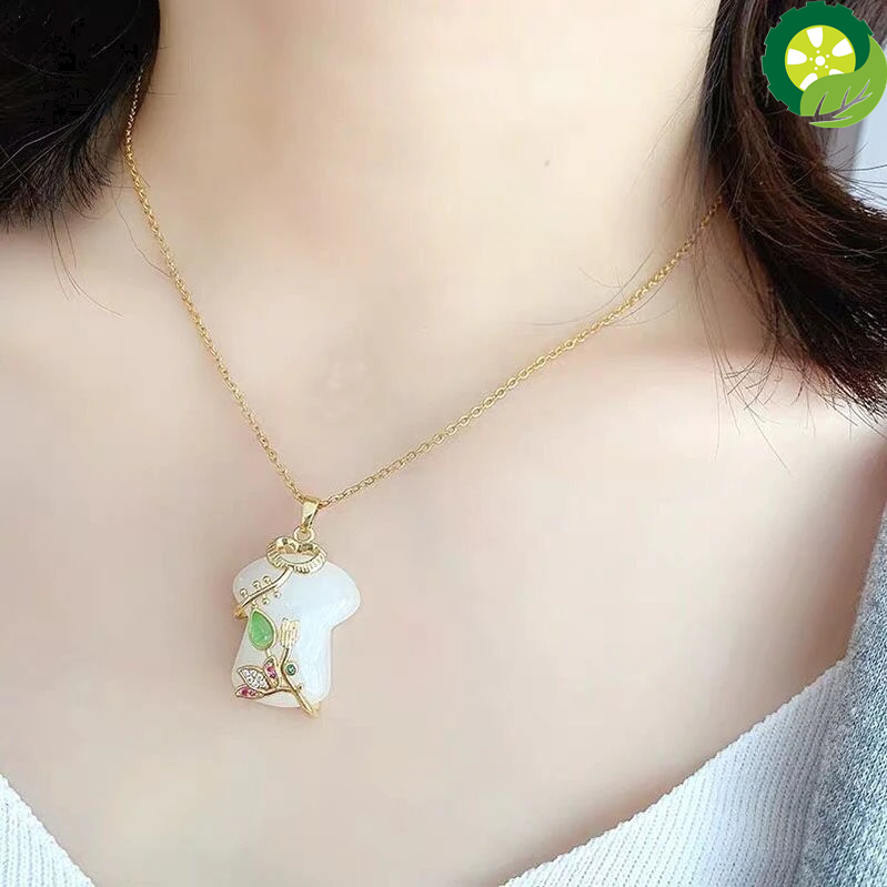 White Hetian Jade Cheongsam Pendant Plated 14k Gold Silver Chain Necklaces for Women
