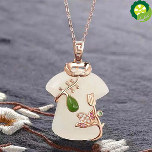 White Hetian Jade Cheongsam Pendant Plated 14k Gold Silver Chain Necklaces for Women