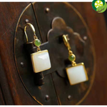 Natural Hetian white Chalcedony geometric earrings with Chinese classical style, unique ancient gold craft and elegant women's jewelry
