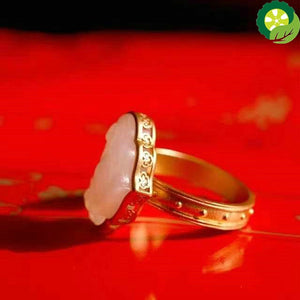 Natural Hetian white jade opening adjustable ring Chinese style retro unique ancient gold craft charm jewelry