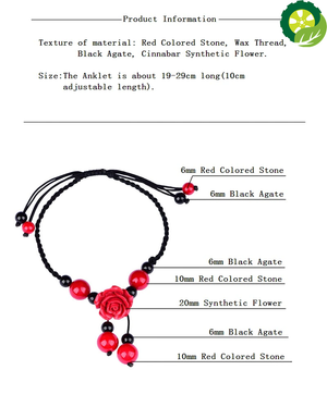 Ethnic Style Hand Knitted Adjustable Wax Thread Delicate Red Colored Stone Classical Cinnabar Flower Retro Anklet