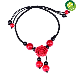 Ethnic Style Hand Knitted Adjustable Wax Thread Delicate Red Colored Stone Classical Cinnabar Flower Retro Anklet