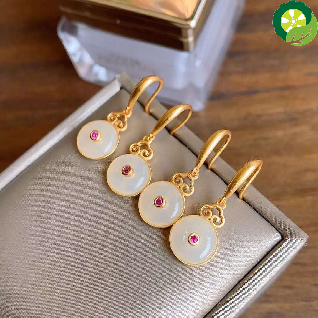Natural Hetian white jade earrings Chinese style retro unique sand gold craft elegant earrings