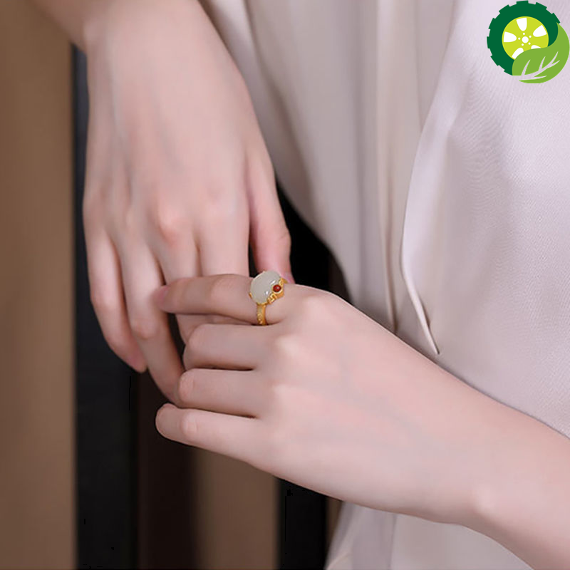 Natural Hetian Chalcedony ring Chinese style retro unique sand gold craft opening adjustable women's jewelry