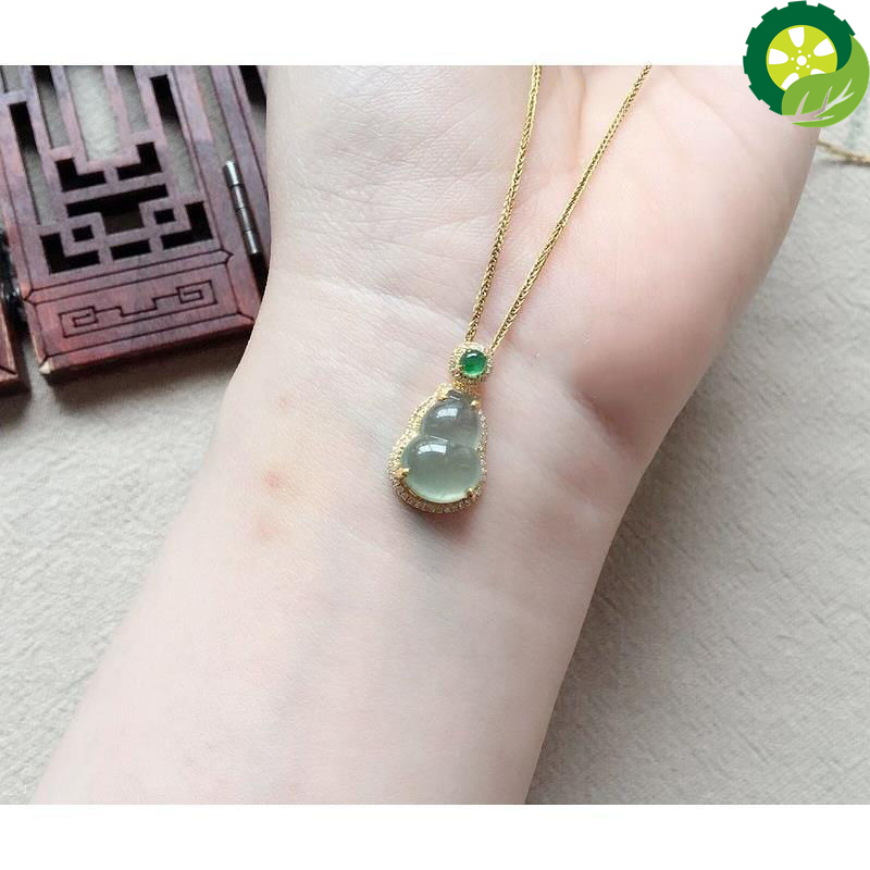 Natural jade gourd egg noodle Chinese retro charm silver pendant necklace