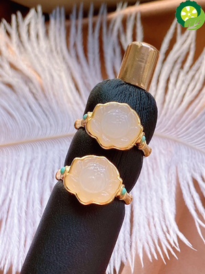 Natural Hetian white jade turquoise lotus flower craft charm opening adjustable ring
