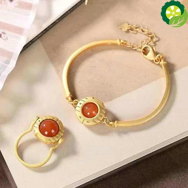 New inlaid natural  ring bracelet Chinese style retro court women elegant charm jewelry set