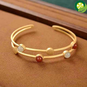 Silver inlaid enamel agate natural Hetian chalcedony double-layer bangle Chinese style retro palace style charm female jewelry