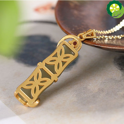 Natural Hetian jade bamboo Chinese style retro Bohemian charm Pendant Necklace