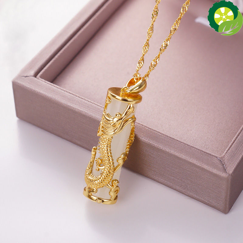 Natural heTian jade dragon and Phoenix Chinese style retro couple Pendant Necklace