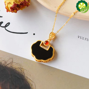 Natural Hetian jade ruyi pendant necklace Chinese style retro unique ancient gold craft charm jewelry