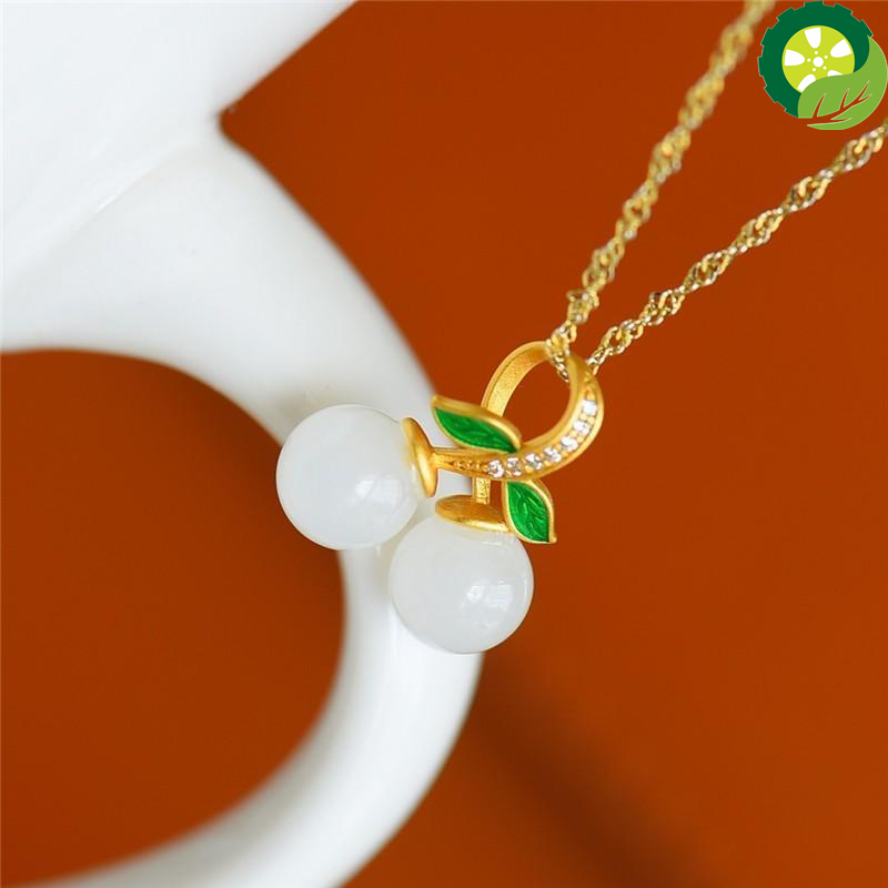 Natural Hetian white jade plant Pendant Necklace Chinese style retro unique ancient gold craft brand jewelry