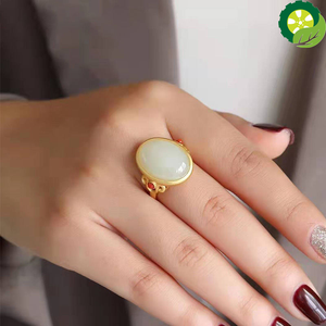 Natural hetian jade oval ring craftsmanship Chinese retro palace opening adjustable brand jewelry