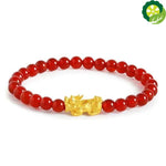 999 24K Yellow Gold 3D Luck Bless Pixiu Charm with Red Agate Beads Bracelet