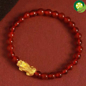 999 24K Yellow Gold 3D Luck Bless Pixiu Charm with Red Agate Beads Bracelet