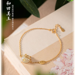 Lucky cat natural Hetian jade bracelet Chinese style retro unique ancient gold craft charm silver jewelry