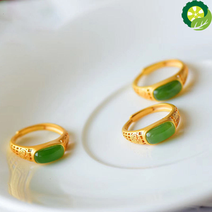 Natural Hetian jade hollow retro palace Chinese style adjustable Unisex Ring
