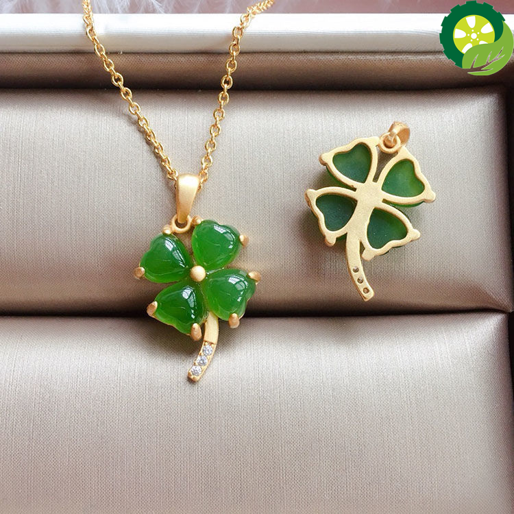 Natural Hetian jade lucky four leafs Chinese style retro palace style unique ancient gold craft Pendant Necklace