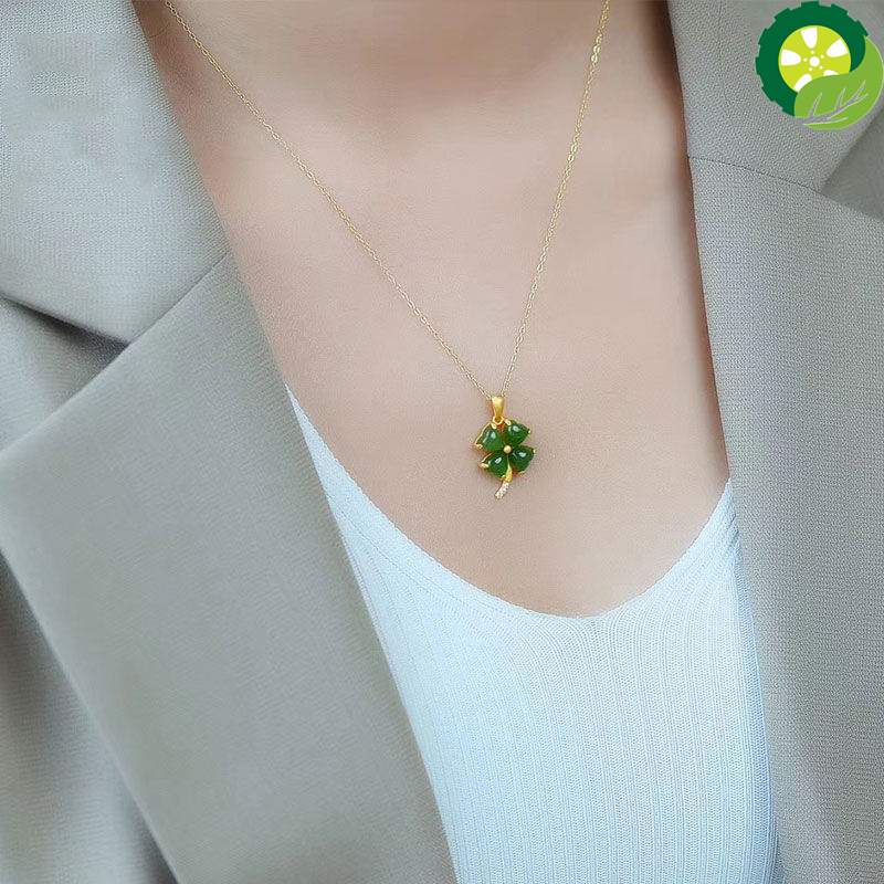 Natural Hetian jade lucky four leafs Chinese style retro palace style unique ancient gold craft Pendant Necklace
