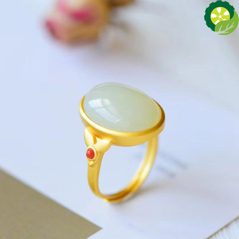 Natural Hetian white jade oval opening adjustable ring Chinese style retro unique ancient gold craft jewelry